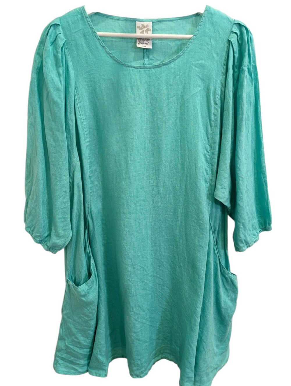 Match Point Linen Tunic Top Large Aqua 3/4 Puff Sleeve Pocket Lagenlook Boho